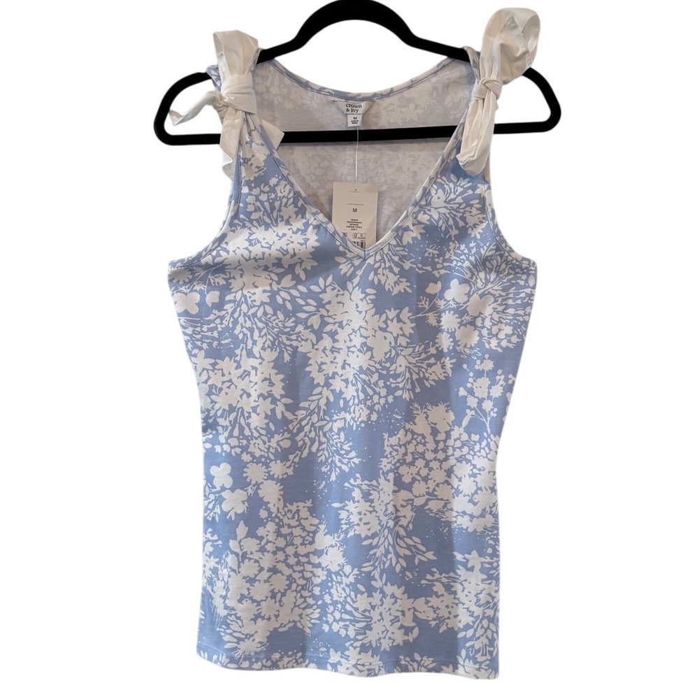 Blue Floral Bow Strap Tank Top Coquette Cottagecore Feminine Romantic Soft Girl